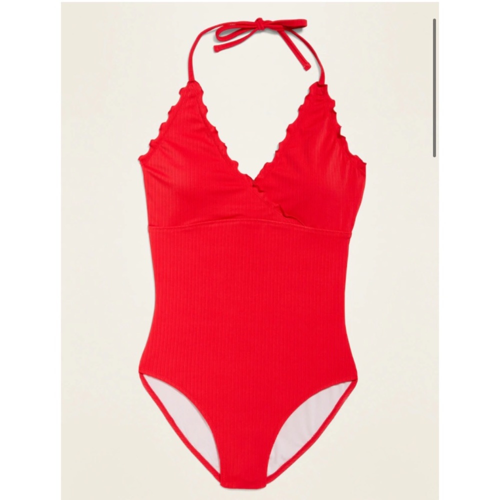 Textured-Rib Lettuce-Edge Halter One-Piece Swim
